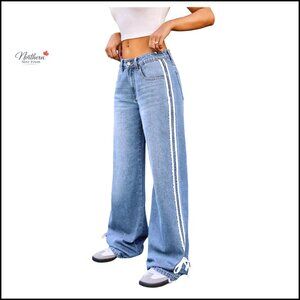 Straight Leg Denim Pants with Side Stripe Bow Decoration and Pockets